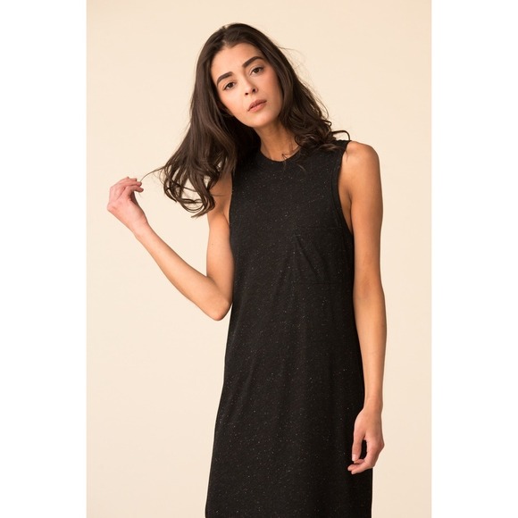 ATM Black Speckled Muscle Tee Maxi Dress Side Slits Pocket Casual Relaxed Travel - Picture 3 of 10